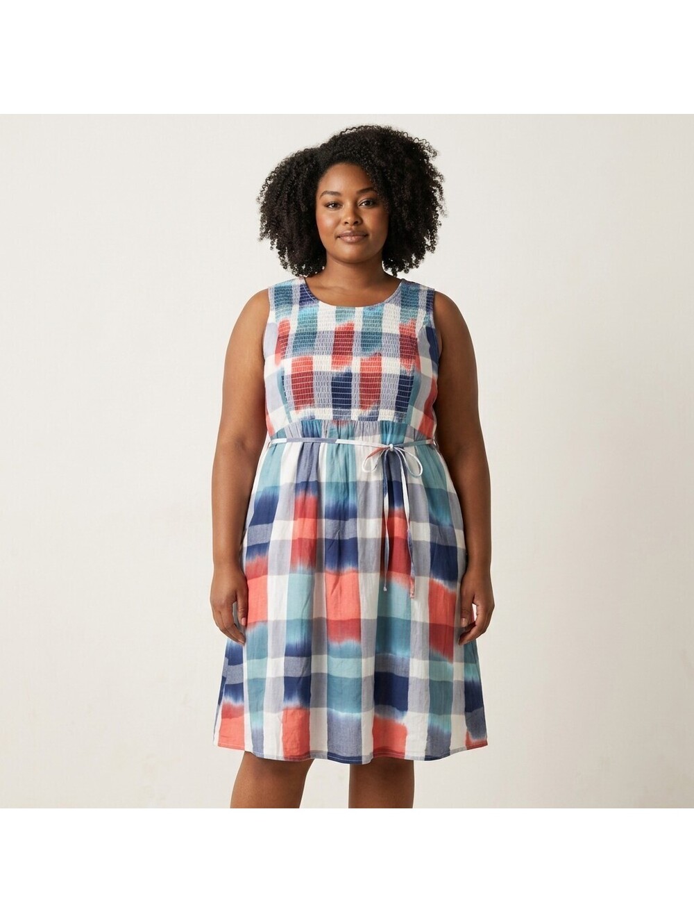 Motherhood Maternity Dress Women XL Blue Plaid Sheath Short Belted Sleeveless